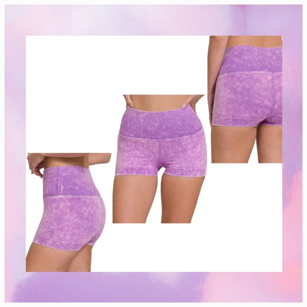 💜 Zenana Purple Mineral Wash Seamless High Waisted Shorts 💜